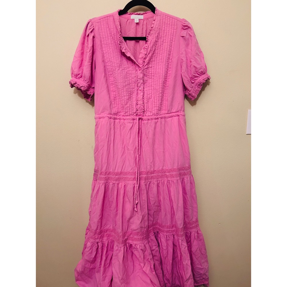 Charter Club Tiered Midi Dress Womens Large Pink Excellent Cotton Pintuck Boho